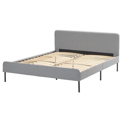 IKEA Slattum King Size Bed Frame Knisa Light Grey Fabric Upholstered Headboard • £150