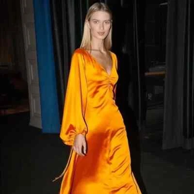 $94.99 • Buy NEW STAUD Sofia Long Balloon Sleeve Orange Satiny Midi Dress Sz.6 STUNNING!!