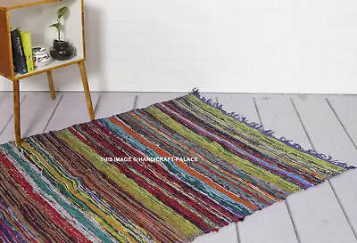Blue Large Chindi Rag Rug Hand Loomed Indian Fair Trade Recycled Woven Mat 5*3ft • £28.79