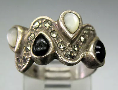 Vintage Antique Estate~Black Onyx MOP Marcasites Sterling Silver Ring Sz 5.75 • $69.99