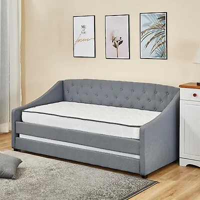 Fabric Linen Daybed With Underbed Trundle Grey Sofabed Guest Bed Trundle • £269.99