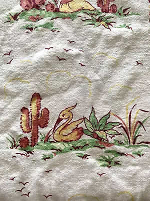 Vtg 1950s Tea Towel Linen Mexican Cactus Floral Bird Green Yellow Coral • $7.95