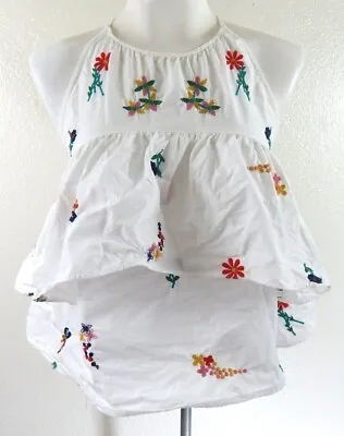 Zara Trafaluc Women's XS Tank Top White Floral Embroidered Tiered Tie Neck EUC • $36