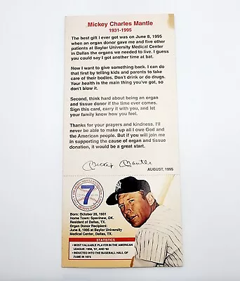 Mickey Mantle VINTAGE Join Micky's Team Organ Tissue Donation Card  YANKEE-HOF • $1.25