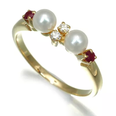 Auth MIKIMOTO Ring Akoya Pearl 4.0mm Diamond Ruby US4.5 18K 750 Yellow Gold • $311.01