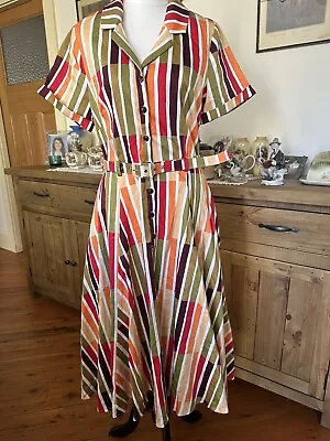 Collectif NWT Sz12 Green Orange Striped Swing Dress Vintage Style Rockabilly 50s • $50