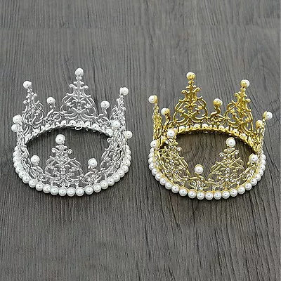 Mini Crown Cake Topper Pearl Crystal Wedding Party Pageant Prom 4.7  Wide 2.8  H • $10.49