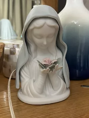 Virgin Mary Statue 7 1/2  Ceramic Blue Porcelain Madonna Bust Statue Light • $60