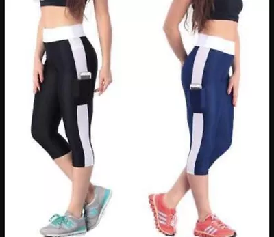 Womens 3/4 Capri Yoga Pants Gym Fitness Sports Cropped Leggings With Pocket • £2.99