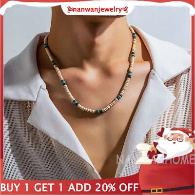 Mens Bohemian Beaded Necklace Wooden Turquoise Boho Beach Jewellery Gifts • £4.39