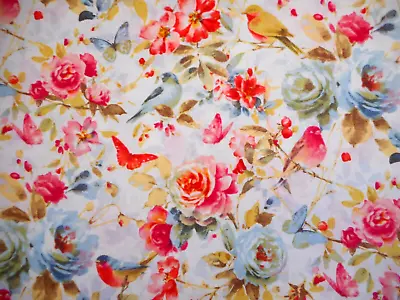 Quilt Fabric By Yard Birds Butterflies Blue Pink Roses White Premium Cotton Vtg • $8.49