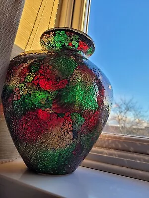 BIG Crackle Glass Vase Red Gold Green Red Funky Bright NW2 SL2 Tall Disco Effect • £19.99