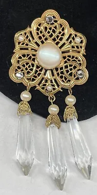 Miriam Haskell Signed Brooch Vintage Gilt Filigree Glass Prism 4  Pin A60 • $216.75