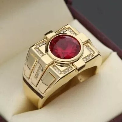 3Ct Round Cut Red Ruby & Diamond Wedding Men's Ring 14k Yellow Gold Plated • $284