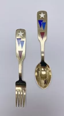 A Michelsen Sterling Silver Gold Wash Enamel Red White & Blue Spoon/Fork 1954 • $179.95