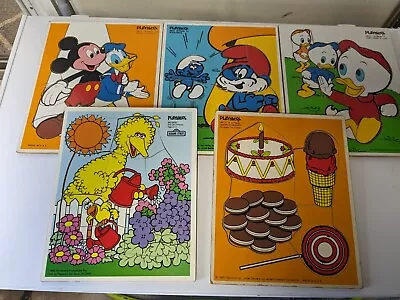 Lot Of 5 Vintage Playskool Wooden Puzzles- Sesame Street Smurfs Mickey & More • $40