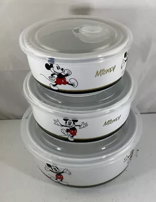 Disney Mickey Mouse Golden Ceramic Bowls W/Vented Lids Food Contianers ~Set Of 3 • $42.99