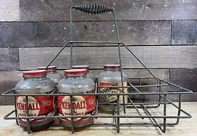 Vintage Metal Jar Crate With 4 Kendall & 1 Wolfs Head Motor Oil Glass Quart Jars • $239.99