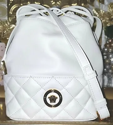 Auth💥EUC💥Versace La Medusa White Nappa Quilted Drawstring Bucket Crossbody Bag • $365