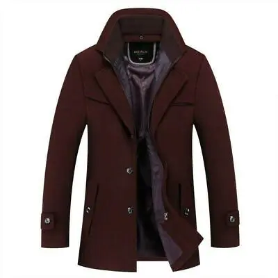 Mens Peacoat Stand Collar Jacket Slim Fit Trench Wool Blend Coat Outwear Formal • $75.36