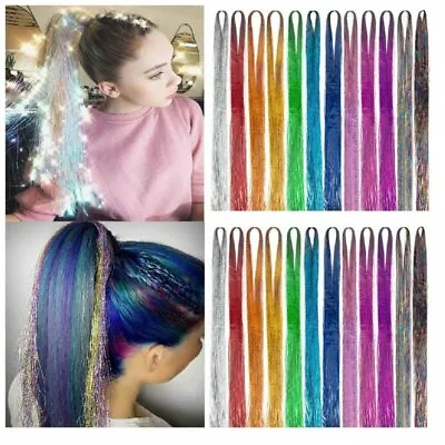 200 Strands Holographic Sparkle Hair Tinsel Extensions Dazzle 90cm • £2.88