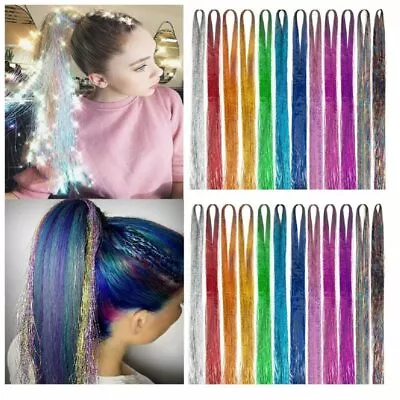 200 Strands Holographic Sparkle Hair Tinsel Extensions Dazzles 90cm Women Hip Mq • £2.57