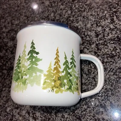 LL Bean Enamel Camping Mug Coffee Cup Evergreen Trees  • $19.50