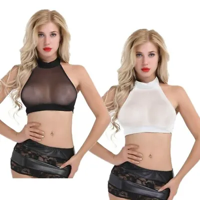 £5.99 • Buy Womens Halter Neck Sheer Mesh See-Through Cami Bra Vest Tank Crop Tops Clubwear