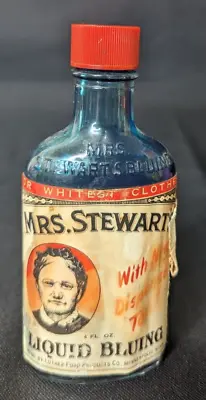 Vintage Mrs. Stewart's Liquid Bluing Embossed Glass Bottle Half Full Advertising • $11.99