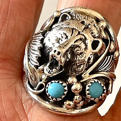 Bear Head Navajo Kingman Turquoise Mens Ring Sz 11 Sterling Signed Sanders • $132.94