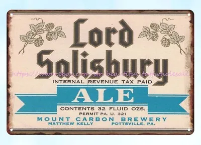 1940s Lord Salisbury Beer Mount Carbon Brewery Pottsville PA Metal Tin Sign • $18.79