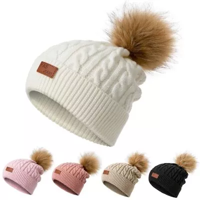 Boys Fur Pom Bobble Winter Warm Toddler Beanie Knitted Hat Baby Cap Hemming Hat • $16.92