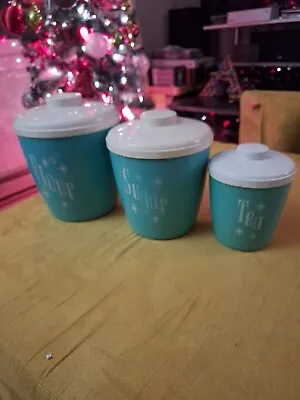 Vintage Stanley Nesting Kitchen Canisters Turquoise Atomic Flowers Set Of Three • $55