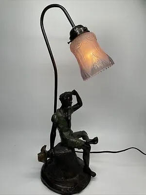 Bronze Statue Lamp Art Nouveau Man Sitting On Stump Glass Antique Figure 23” VTG • $500