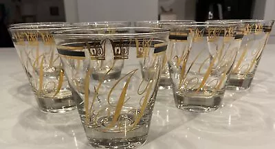 Fred Press VIP Signed MCM Gold Black Crown Old Fashion Lowball Glasses Set Of 7 • $58