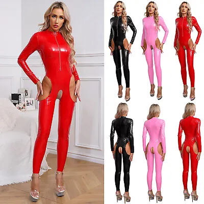 Women's Leotard Cutout Crotch Rompers Patent Leather Bodysuit Long Sleeve Yoga • $19.19