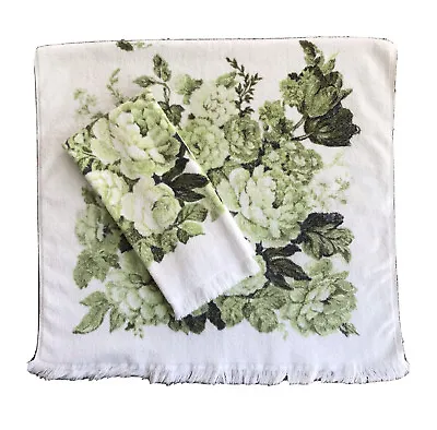 Cannon Vintage Bath And Hand Towel Set Green Floral On White Cotton Fringe USA • $26