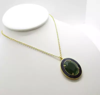 J Crew Black Enamel And Dark Green Crystal Stone Oval Pendant Necklace 33  Long • $2.99