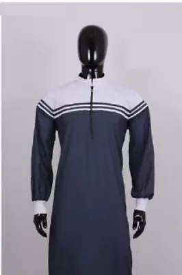 ELibaas Mens Thobe Jhubba Navy Blue And White With Front Zip • $44