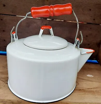 Adorable Vintage White Red Enamelware Coffe Tea Pot  5.5  Tall X 9  Base Unique • $16.95