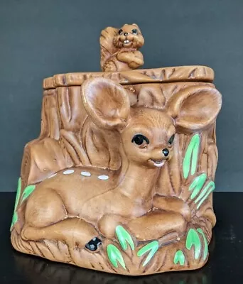 Vtg Twin Winton USA Cookie Jar Deer Fawn Chipmunk Squirrel Tree Stump 9  Tall • $25