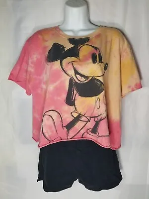 Disney Mickey Mouse Womens XL Short Sleeve Crop-Top Tie Dye Pink Orange Shirt • $13.99