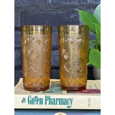 $18 • Buy Brockway Amber Drinking Glasses American Concord Pattern 10oz - Set Of 2