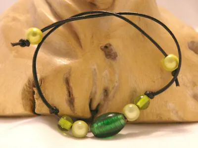 Adjustable Tie On Bracelet Anklet Black Leather Cord With Green & Yellow Beads • £5
