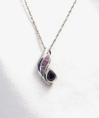 AMETHYST & SIMULATED OPAL Sterling Silver Modern Pendant W/ 20  Necklace  • $26.99