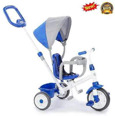 4 In 1 Trike Blue Convertible Tricycle Toddlers 4 Stages Growth Shade Canopy New • $83.79