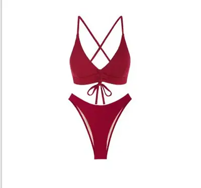 ZAFUL Lace Up Cheeky Textured Cinched Bikini Swimwear - Deep Red - Large (8) • $10.50