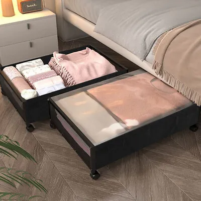 2PCS Metal Underbed Storage Box W/Lid Bedding Drawer Container Clothes On Wheels • £28.95