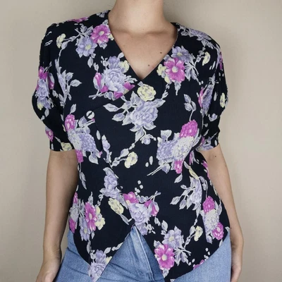£18.99 • Buy Luisa Spagnoli Floral Blouse Vintage Black Purple Cottage Italy Approx M 10-14