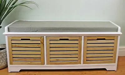 £120 • Buy Wooden Storage Bench Seat With Grey Cushion 3 Drawer Storage White & Natural